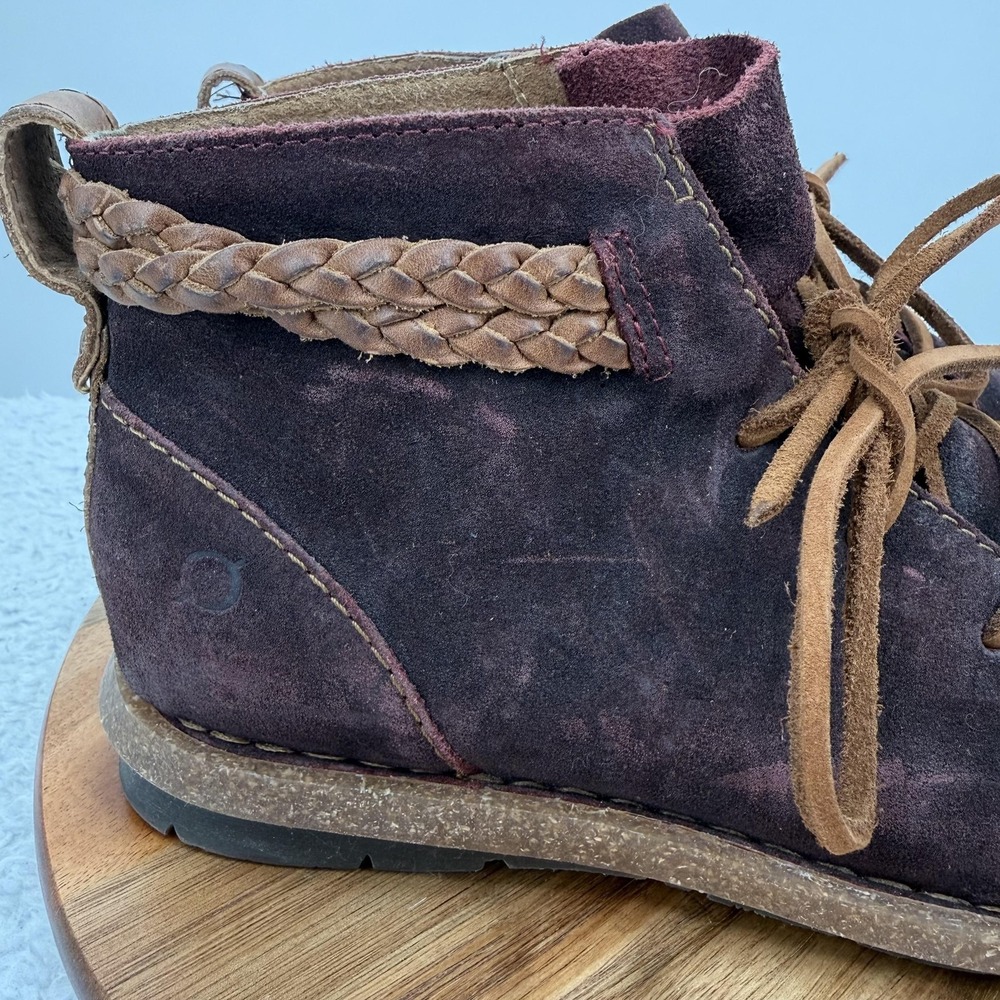 Born Temple Boots Womens Size 8 Purple Suede Ankle Booties Braided Trim Wedge - Picture 2 of 10
